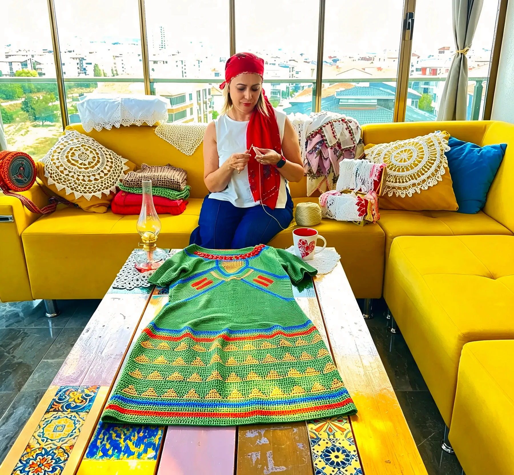 Ayten Kaya crocheting at home, her green crocheted dress laid out on the table in front of her